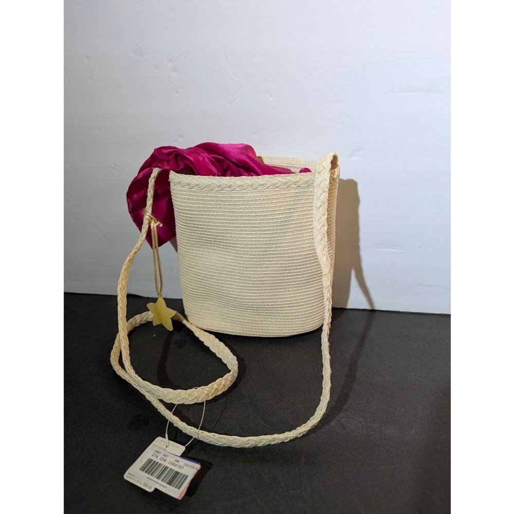 Liz Claiborne Vintage Straw Bucket Crossbody Purse & Red Floral Scarf NWT